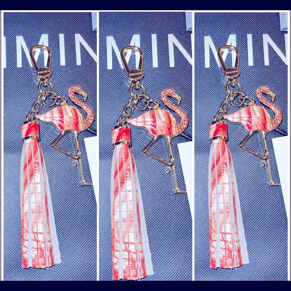 NWT BRAHMIN PINK FLAMINGO MELBOURNE LONG LEATHER TASSEL GOLD BIRD KEY FOB CHARM